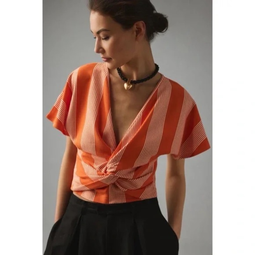 Anthropologie BISHOP + YOUNG TWIST-FRONT TOP | Orange White | XL